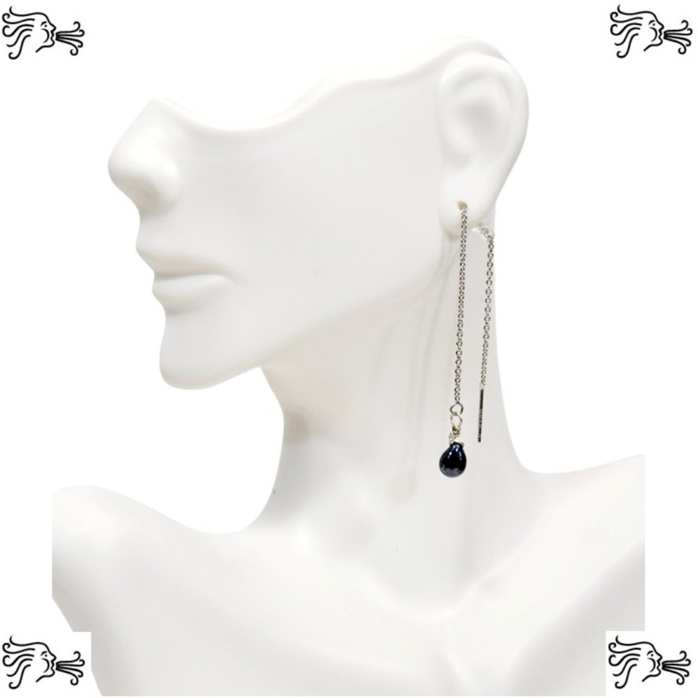 Threader Chain Earrings Black Diamond AB Picasso Teardrop on Silver Dainty